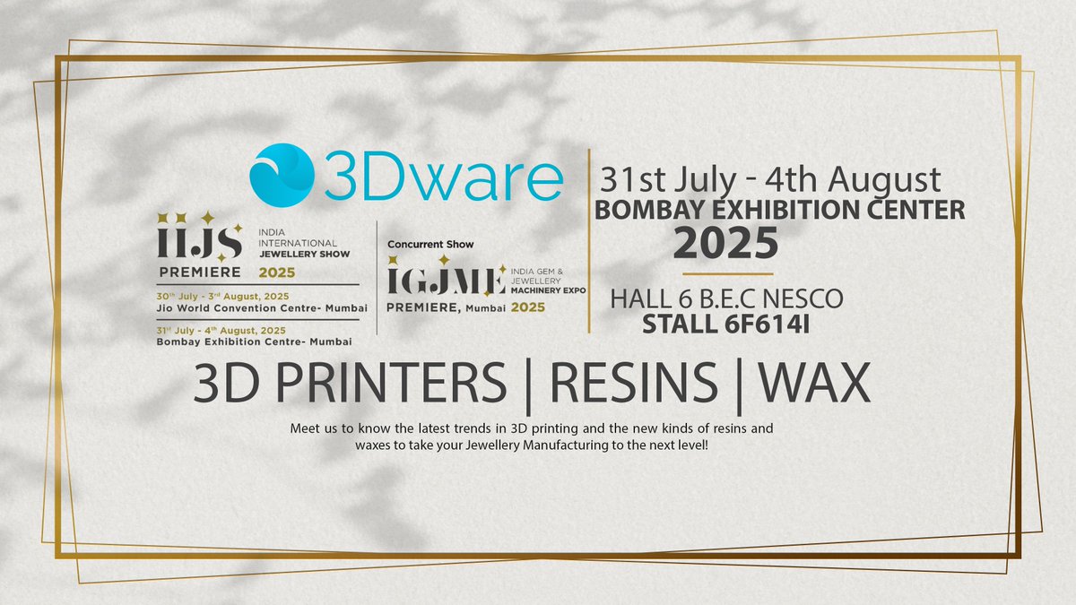 3Dware_Additive's tweet image. Join 3Dware at IIJS Premiere 2025 from 31st July to 4th August at the Bombay Exhibition Center, NESCO, Mumbai – Hall 6 | Stall 6F614I.
Discover the latest in 3D printers, resins, and waxes crafted for modern jewellery makers! 
#IIJSPremiere2025 #JewelleryMachineryExpo #3Dware