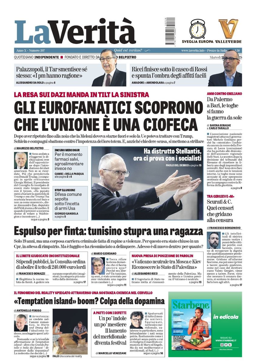 LaVeritaWeb's tweet image. #LaVeritàdioggi
Gli eurofanatici scoprono che l'Unione è una ciofeca
• Espulso per finita: tunisino stupra una ragazza
• Ha distrutto Stellantis, ora ci riprova con i socialisti
• Scurati & C. Quei censori che gridano alla censura
social.laverita.info/sfogliatore