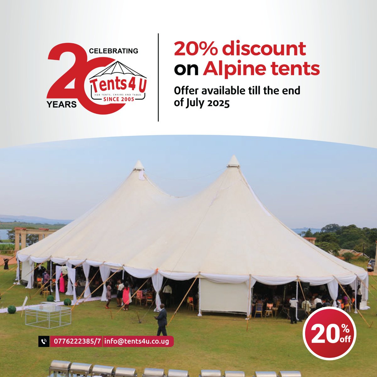 Tents4U Ltd (@tents4uganda) on Twitter photo Final days to save BIG! ๐
Our 20% discount on all big tents ends July 31, 2025 โ donโt miss out! Call 0776 222 385/7 or email โ๏ธ info@tents4u.co.ug today
#Tents4Uat20 Final days to save BIG! ๐
Our 20% discount on all big tents ends July 31, 2025 โ donโt miss out! Call 0776 222 385/7 or email โ๏ธ info@tents4u.co.ug today
#Tents4Uat20