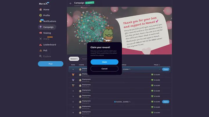 maxsizehpx02's tweet photo. EN:
How to Claim @MemeX_MRC20  Rewards (Before July 31, 00:00 UTC)

✅ Step 1: Connect Your EVM Wallet
Go to your MemeX profile and click “Connect Wallet”
Choose the EVM wallet where you want to receive your rewards (e.g., MetaMask, TrustWallet)
Make sure it stays connected until July 31, 00:00 UTC

✅ Step 2: Claim Your Rewards (On July 31)
Go to the Campaign section
You will see a “Claim” button next to your rank
Click it and follow the wallet procedure
Switch your wallet to BSC network to receive USDT rewards

If you connected multiple MemeX accounts to one X  account, rewards will only show up on one account, the one linked to your wallet

VN:
Claim Phần Thưởng @MemeX_MRC20  (Trước 07:00 ngày 31/07 giờ VN)

✅ Bước 1: Kết nối ví EVM
Truy cập profile MemeX của bạn và nhấn “Connect Wallet”
Chọn ví EVM mà bạn muốn nhận thưởng (MetaMask, TrustWallet, v.v.)
Giữ ví kết nối cho đến hết ngày 31/07 lúc 00:00 UTC (07:00 VN)

✅ Bước 2: Claim phần thưởng (Vào ngày 31/07)
Vào mục Campaign
Sẽ xuất hiện nút “Claim” kế bên thứ hạng của bạn
Nhấn vào đó và làm theo hướng dẫn từ ví
Chuyển ví sang mạng BSC để nhận thưởng USDT

Nếu bạn kết nối nhiều tài khoản MemeX với cùng một tài khoản X, chỉ 1 tài khoản sẽ hiển thị địa chỉ ví và có thể claim phần thưởng