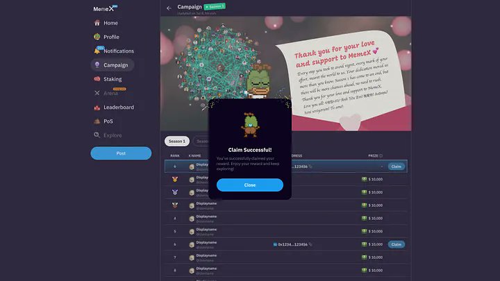maxsizehpx02's tweet photo. EN:
How to Claim @MemeX_MRC20  Rewards (Before July 31, 00:00 UTC)

✅ Step 1: Connect Your EVM Wallet
Go to your MemeX profile and click “Connect Wallet”
Choose the EVM wallet where you want to receive your rewards (e.g., MetaMask, TrustWallet)
Make sure it stays connected until July 31, 00:00 UTC

✅ Step 2: Claim Your Rewards (On July 31)
Go to the Campaign section
You will see a “Claim” button next to your rank
Click it and follow the wallet procedure
Switch your wallet to BSC network to receive USDT rewards

If you connected multiple MemeX accounts to one X  account, rewards will only show up on one account, the one linked to your wallet

VN:
Claim Phần Thưởng @MemeX_MRC20  (Trước 07:00 ngày 31/07 giờ VN)

✅ Bước 1: Kết nối ví EVM
Truy cập profile MemeX của bạn và nhấn “Connect Wallet”
Chọn ví EVM mà bạn muốn nhận thưởng (MetaMask, TrustWallet, v.v.)
Giữ ví kết nối cho đến hết ngày 31/07 lúc 00:00 UTC (07:00 VN)

✅ Bước 2: Claim phần thưởng (Vào ngày 31/07)
Vào mục Campaign
Sẽ xuất hiện nút “Claim” kế bên thứ hạng của bạn
Nhấn vào đó và làm theo hướng dẫn từ ví
Chuyển ví sang mạng BSC để nhận thưởng USDT

Nếu bạn kết nối nhiều tài khoản MemeX với cùng một tài khoản X, chỉ 1 tài khoản sẽ hiển thị địa chỉ ví và có thể claim phần thưởng