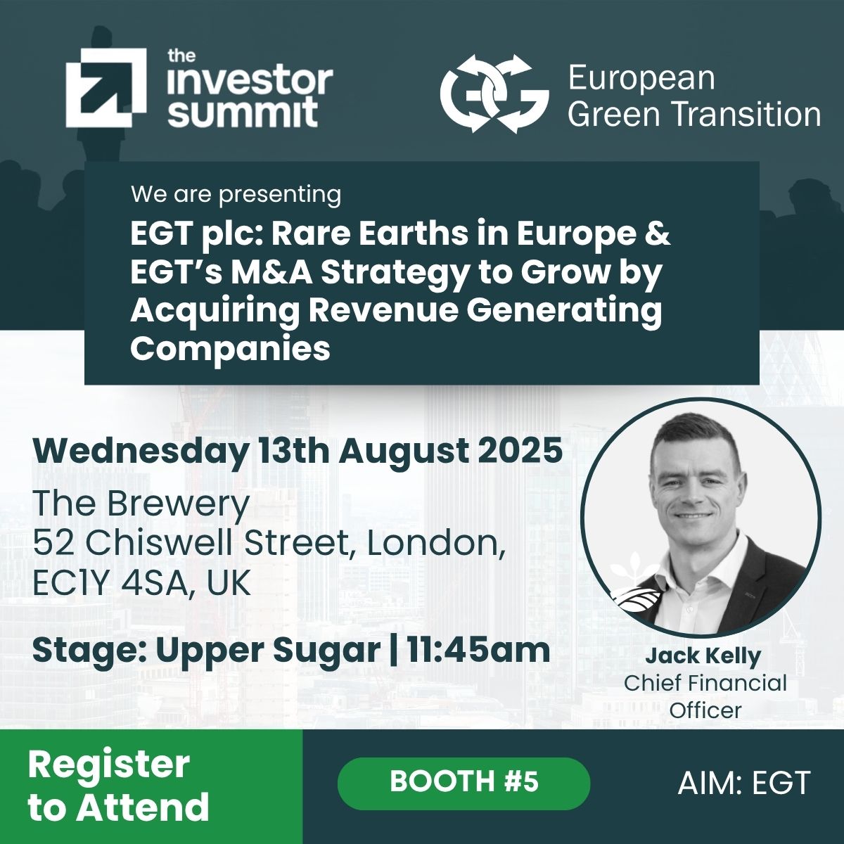 European Green Transition (@europeangreent) on Twitter photo Reminder our CFO Jack_Kelly will be presenting at <a href="/_investorsummit/">The Investor Summit</a> in London
🤝 Olserum REE - sale/partnering
🚀 Seeking to acquire distressed revenue stage businesses
📍11:45, Upper Sugar stage | Booth 5
Register: investorsummit.co.uk
#EGT #InvestorSummit #REE #AIM #London Reminder our CFO Jack_Kelly will be presenting at <a href="/_investorsummit/">The Investor Summit</a> in London
🤝 Olserum REE - sale/partnering
🚀 Seeking to acquire distressed revenue stage businesses
📍11:45, Upper Sugar stage | Booth 5
Register: investorsummit.co.uk
#EGT #InvestorSummit #REE #AIM #London