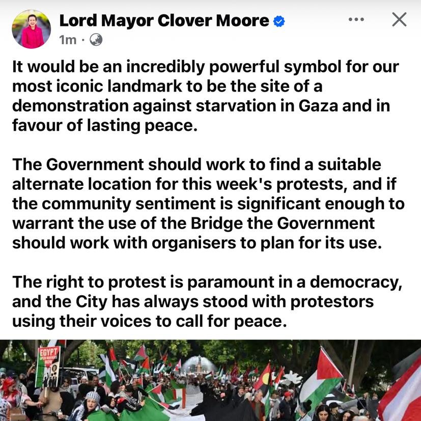 Sydney's Lord Mayor

Do you want to see a repeat of the ugly scenes at the Sydney Opera House on 9 October 2023 which blackened Australia's reputation but this time on the Sydney Harbour Bridge?