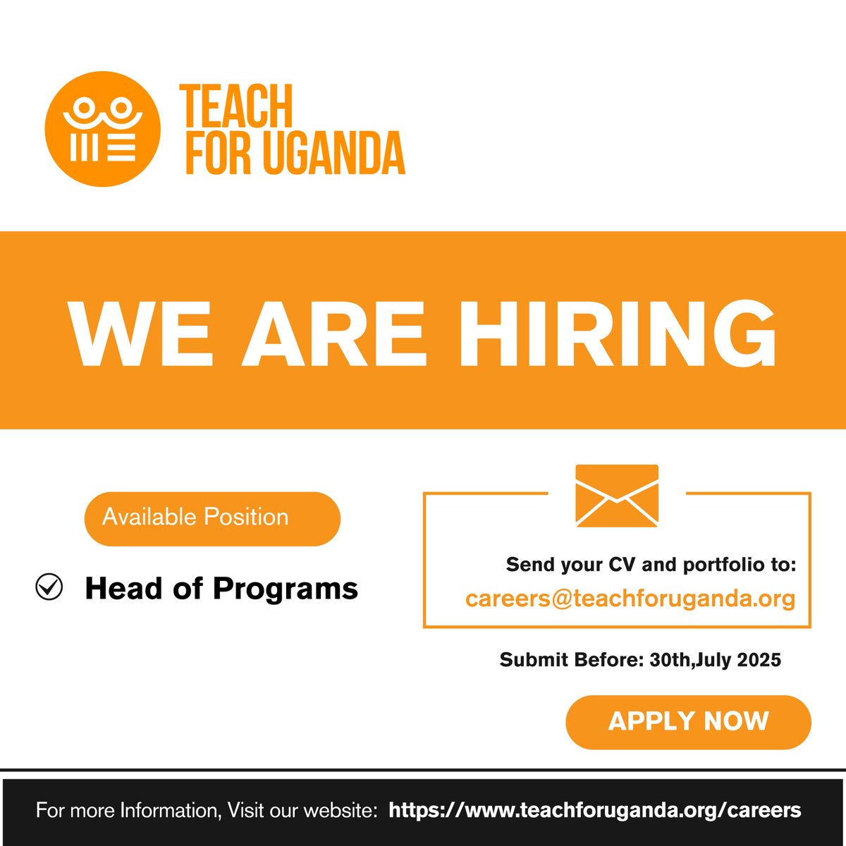 Teach For Uganda (@teach4ug) on Twitter photo ⏳Last chance!
Are you a passionate and strategic leader ready to transform education in Uganda? <a href="/TEACH4UG/">Teach For Uganda</a> is hiring a Head of Programs.
Apply now and become part of an impactful movement.
đź“©careers@teachforuganda.org
đź—“ Deadline: July 30, 2025
🔗 teachforuganda.org/careers ⏳Last chance!
Are you a passionate and strategic leader ready to transform education in Uganda? <a href="/TEACH4UG/">Teach For Uganda</a> is hiring a Head of Programs.
Apply now and become part of an impactful movement.
đź“©careers@teachforuganda.org
đź—“ Deadline: July 30, 2025
đź”— teachforuganda.org/careers