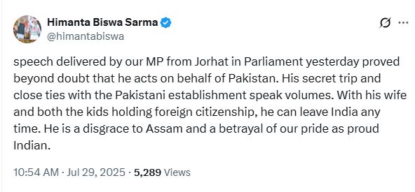 TheChronology__'s tweet image. Assam CM Himanta Biswa Sarma accused Congress leader Gaurav Gogoi of acting in Pakistan’s interest, citing his pro-Pakistan remarks made in Parliament during the Operation Sindoor debate yesterday.