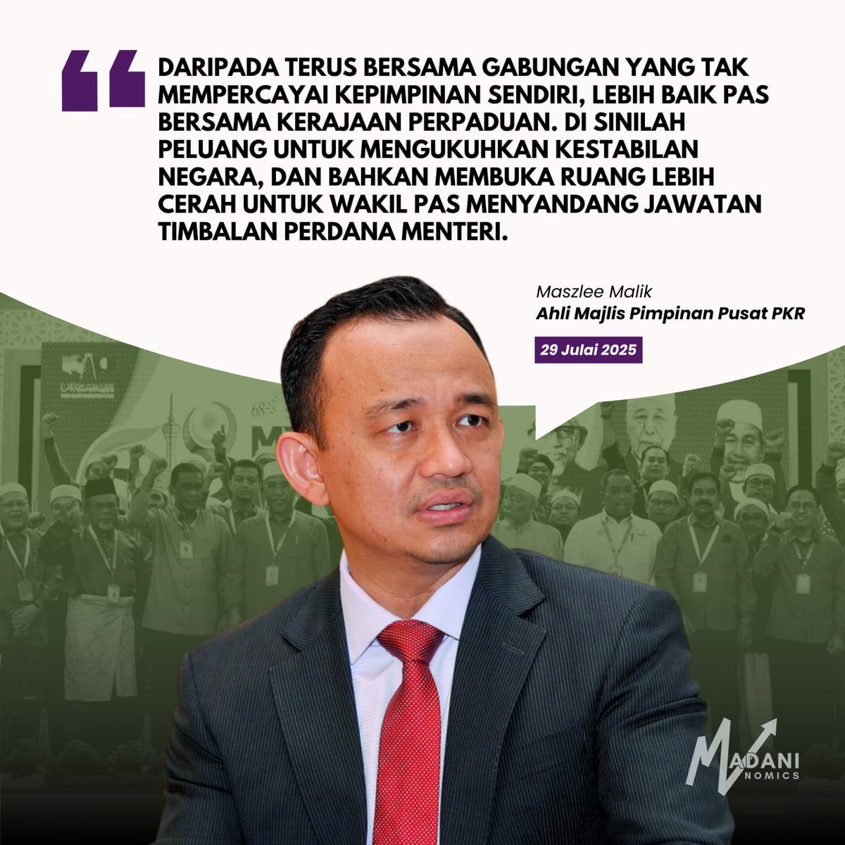 MadaniNomics π²πΎ (@madaninomics) on Twitter photo MNNews π Maszlee: PAS Patut Sertai Kerajaan, Bukan Terus Bersama Gabungan Tak Stabil
Ahli Majlis Pimpinan Pusat PKR, <a href="/maszlee/">Maszlee Malik π΄π²πΎ</a> mencadangkan agar <a href="/PASPusat/">PAS Pusat</a> untuk menyertai Kerajaan Perpaduan berbanding kekal bersama Perikatan Nasional (PN) yang menurutnya tidak mempercayai MNNews π Maszlee: PAS Patut Sertai Kerajaan, Bukan Terus Bersama Gabungan Tak Stabil
Ahli Majlis Pimpinan Pusat PKR, <a href="/maszlee/">Maszlee Malik π΄π²πΎ</a> mencadangkan agar <a href="/PASPusat/">PAS Pusat</a> untuk menyertai Kerajaan Perpaduan berbanding kekal bersama Perikatan Nasional (PN) yang menurutnya tidak mempercayai