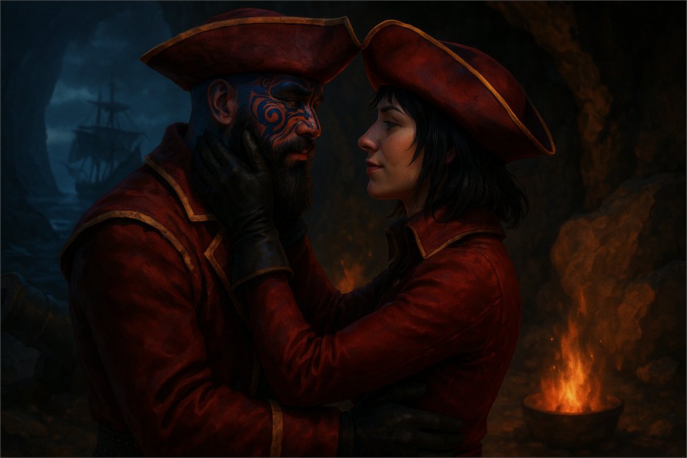 The cave flickered with the light of a dying fire, embers crackling beneath a blackened pot of spiced rum. The stone walls echoed with distant thunder, but inside, it was the silence between them that charged the air.

Varek and Maelra stand tethered by something darker than