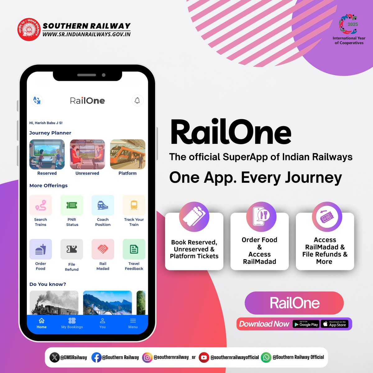 RailOne – Your #railway Journey Made Easy

Simplify every step of your train #journey with the official SuperApp from #IndianRailways 

🎫Book all types of #tickets 
🍱Order meals on the move
📲Track #TRAIN check PNR &amp; get instant support

Download #railone now on Android &amp; iOS