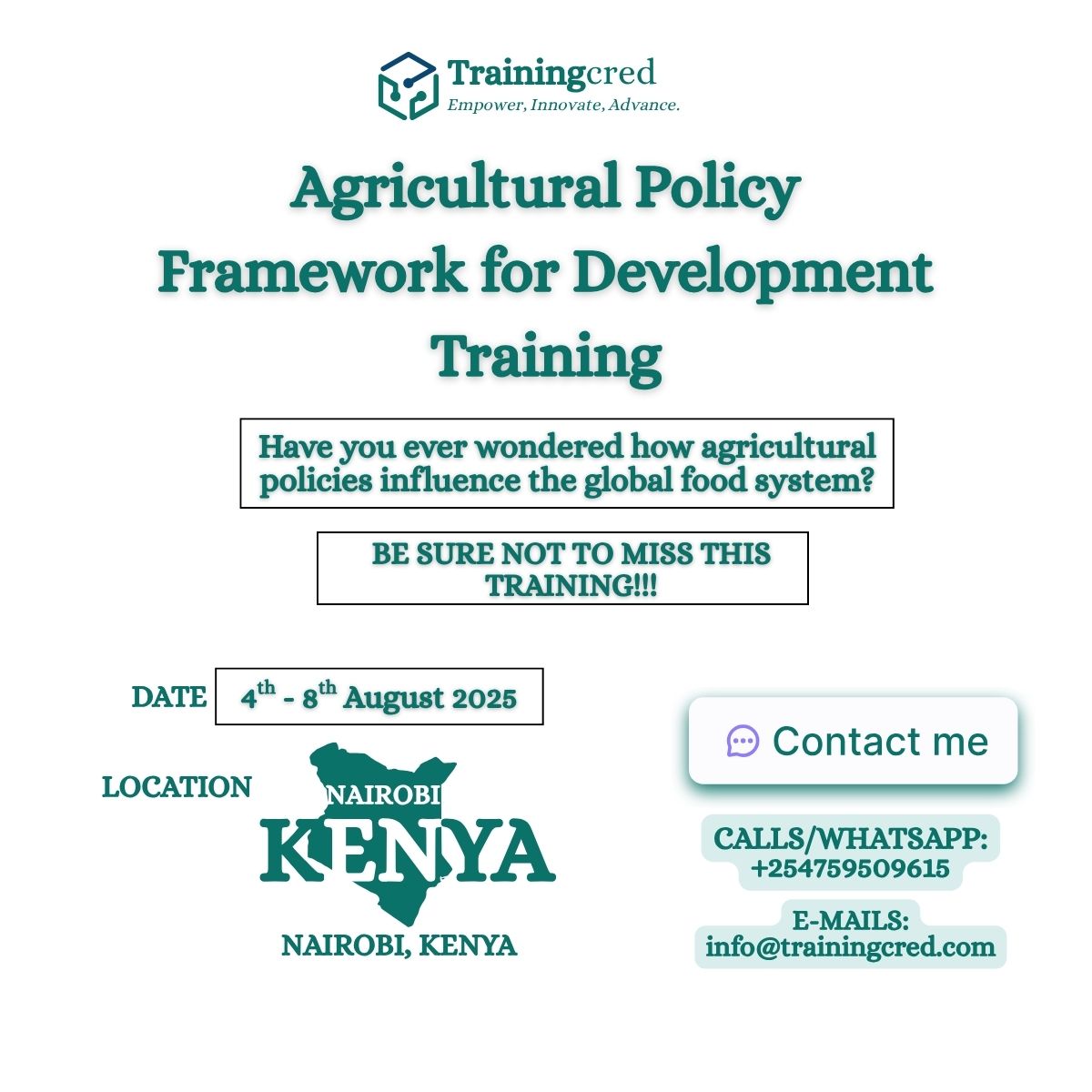 Trainingcred's tweet image. 🔗 Secure your spot now through trainingcred.com
📩 For inquiries: WhatsApp: +254 759 509 615

#AgriculturalPolicy #FoodSystems #DevelopmentTraining  #NairobiEvents #PolicyMatters #SustainableDevelopment