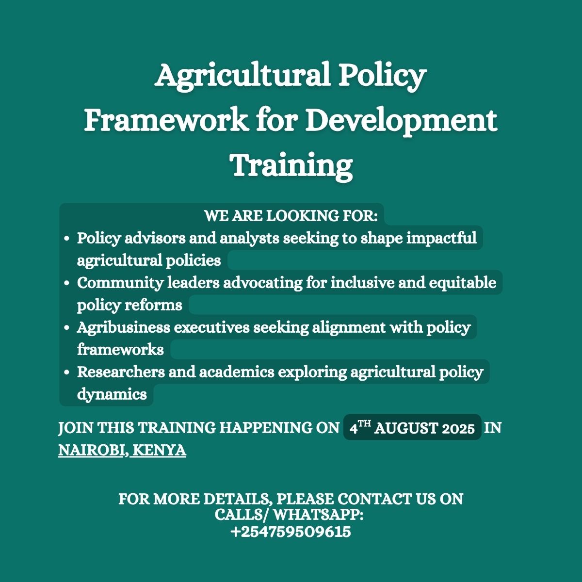 Trainingcred's tweet image. 🔗 Secure your spot now through trainingcred.com
📩 For inquiries: WhatsApp: +254 759 509 615

#AgriculturalPolicy #FoodSystems #DevelopmentTraining  #NairobiEvents #PolicyMatters #SustainableDevelopment