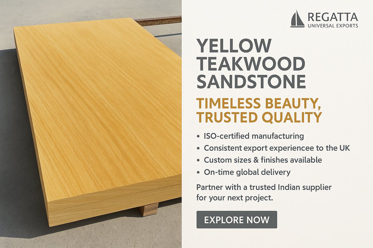 Yellow Teakwood Sandstone 🟡
Elegant grain. Trusted durability.
Now shipping from 🇮🇳 to 🇬🇧
✔️ ISO-certified
✔️ B2B-ready
✔️ Custom finishes
✔️ Timely delivery
📦 Partner with Regatta Universal Exports
🔗 regattaexports.com/product/yellow…

#StoneExports #Landscaping