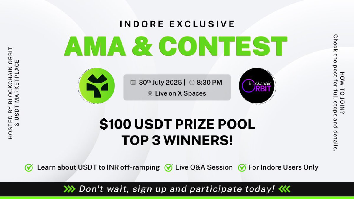 Blockchain Orbit ๐ก๏ธ (@blockchainorbit) on Twitter photo ๐ Blockchain Orbit x USDT Marketplace
We're thrilled to announce our collaboration with <a href="/USDTMarketplace/">USDT Marketplace</a> for an exclusive #AMA & Contest tailored for the our community! ๐
๐ Live on X Spaces
๐ Date: 30th July 2025
โฐ Time: 8:30 PM IST
x.com/i/spaces/1MYxNโฆ ๐ Blockchain Orbit x USDT Marketplace
We're thrilled to announce our collaboration with <a href="/USDTMarketplace/">USDT Marketplace</a> for an exclusive #AMA & Contest tailored for the our community! ๐
๐ Live on X Spaces
๐ Date: 30th July 2025
โฐ Time: 8:30 PM IST
x.com/i/spaces/1MYxNโฆ