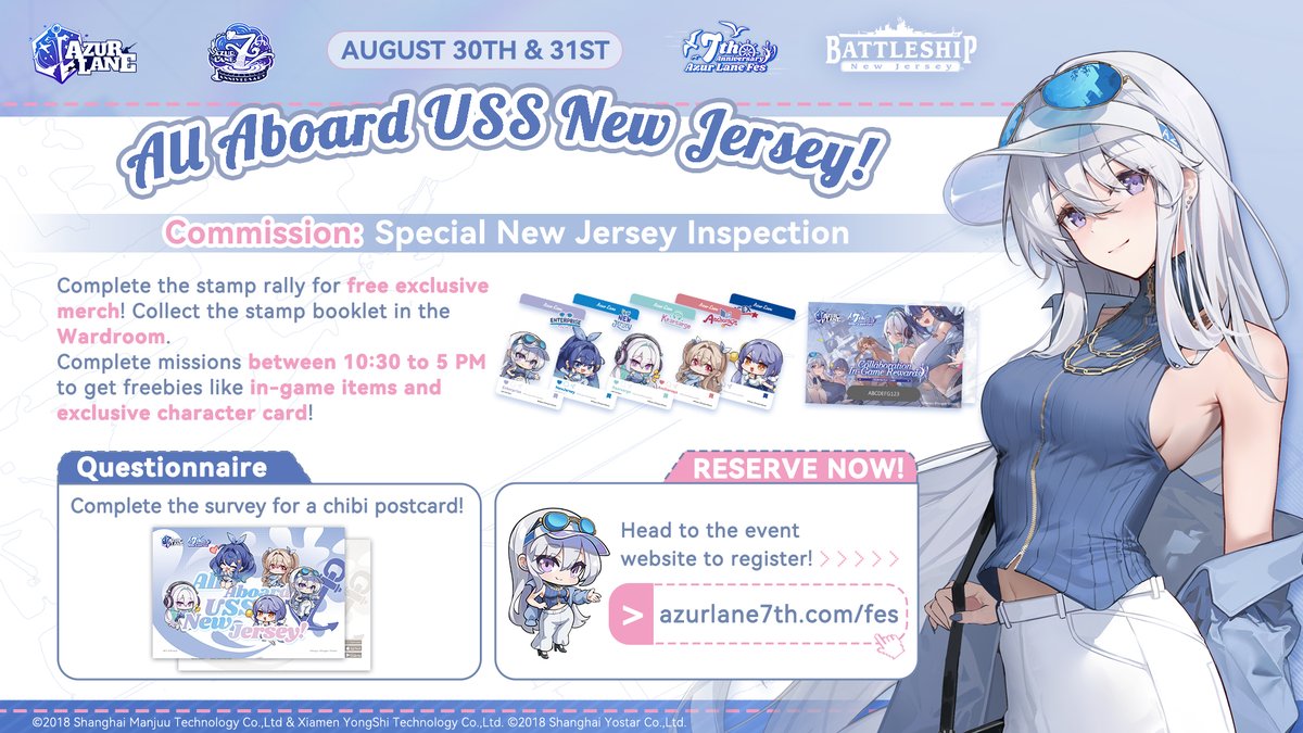 🛳 Azur Lane Fes Event Guide 🛳

Azur Lane will be holding a 2-day celebration aboard <a href="/BattleshipNJ/">Battleship New Jersey</a>, featuring special merch, fun activities and live performances!

Reserve your ticket now: azurlane7th.com/fes

#AzurLane #Yostar #AzurLaneFes