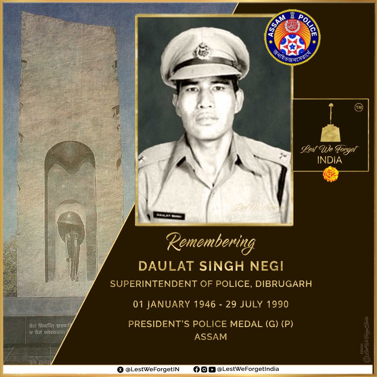 LestWeForgetIndia🇮🇳 (@lestweforgetin) on Twitter photo Do you remember Daulat Singh Negi?
#LestWeForgetIndia🇮🇳 the gallant #IndianBrave of 1976 Batch #IPS <a href="/assampolice/">Assam Police</a>
As Superintendent of Police, Dibrugarh, #Assam, he made the supreme sacrifice #OnThisDay 29 July in 1990 facing an ambush by #ULFA militants. Do you remember Daulat Singh Negi?
#LestWeForgetIndia🇮🇳 the gallant #IndianBrave of 1976 Batch #IPS <a href="/assampolice/">Assam Police</a>
As Superintendent of Police, Dibrugarh, #Assam, he made the supreme sacrifice #OnThisDay 29 July in 1990 facing an ambush by #ULFA militants.