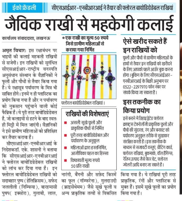 csirnbrilko's tweet image. News coverage of CSIR NBRI's 🌸 Floral Biodegradable Rakhi🌱
@akshasany @DrJitendraSingh
@CSIR_IND @JagranNews @NavbharatTimes @AmritVichar