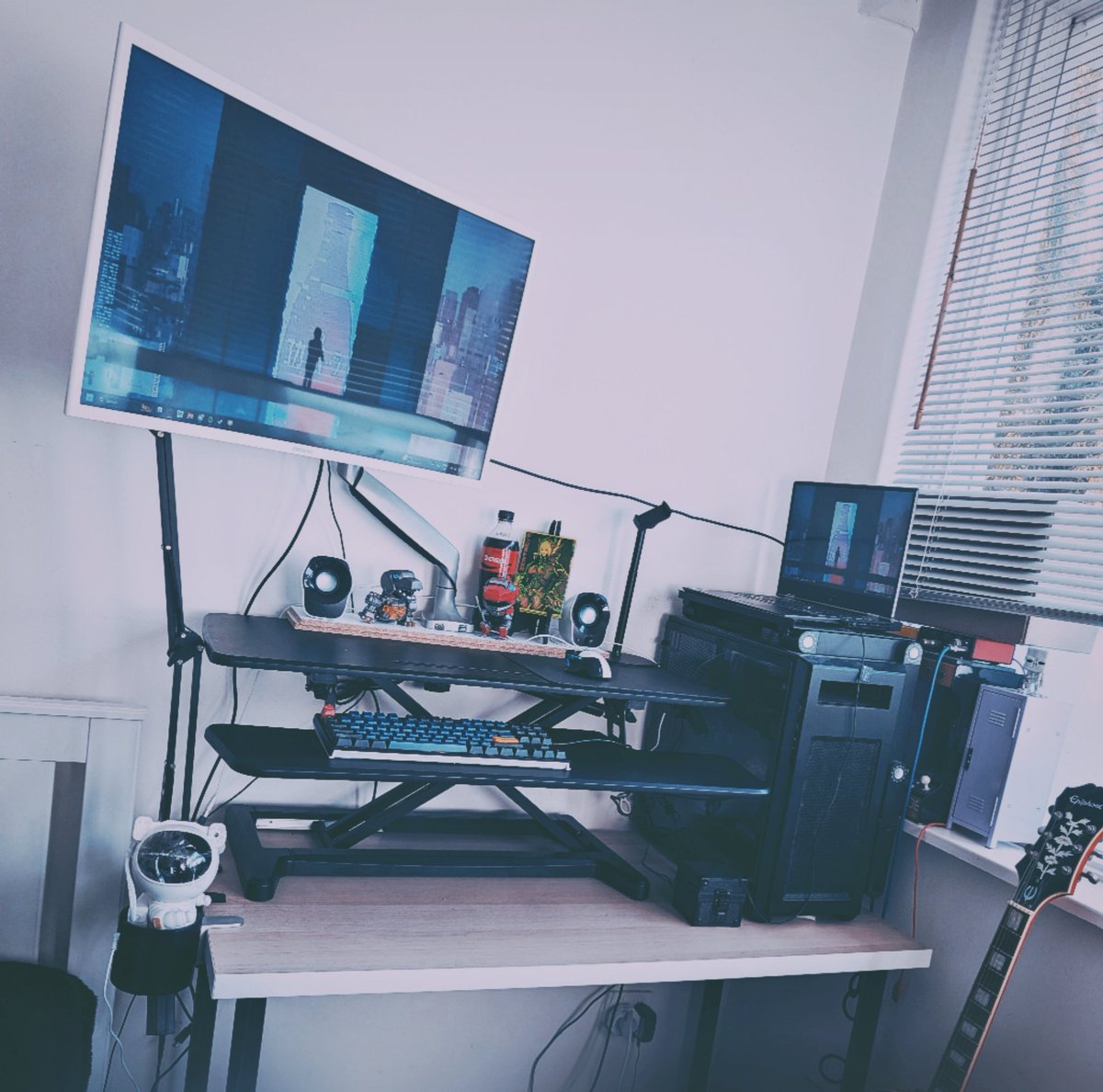 Went for a minor surgery for temporary relief. I can't sit down while I'm healing so I set up a simple standing workspace. Reminder to stretch and touch grass more, it's not worth the future pain. 😵