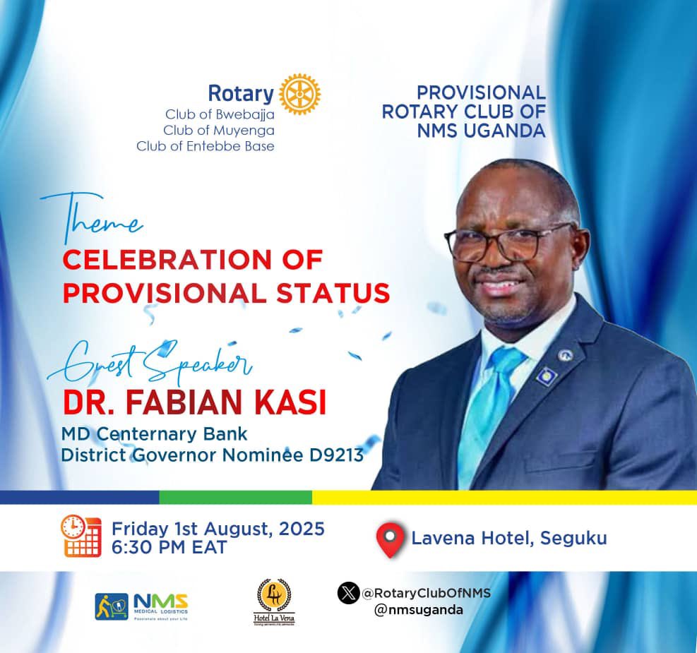 DO NOT BOUNCE at NMS this Thursday at 1pm!

Instead, join us on Friday, 1st August for our very first out-of-venue Fellowship at Lavena Hotel, Seguku as we celebrate our Provisional Status in style, with our Chief Guest Dr. Fabian Kasi,MD Centenary Bank &amp;District Governor Nominee