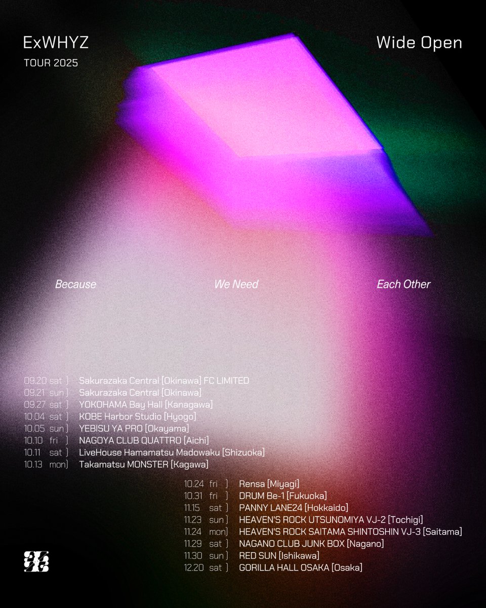 ExWHYZ_official's tweet image. 【本日23:59まで】
全国15都市ワンマン
𝐄𝐱𝐖𝐇𝐘𝐙 𝐓𝐎𝐔𝐑 𝟐𝟎𝟐𝟓 '𝐖𝐢𝐝𝐞 𝐎𝐩𝐞𝐧'
通常チケットFC抽選最速先行は本日23:59まで!
現在の’ExWHYZを拡げていく’ツアー
是非お申し込みください!
🎫 exwhyz.jp/news/detail/51…
⚠️Wideチケットご購入の方
入金期限は本日までです!お忘れなく!…