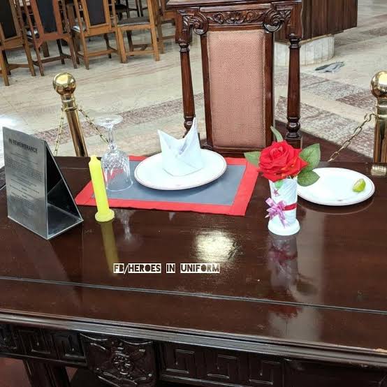 The "Table for One" in Captain Vikram Batra  mess at IMA is a memorial dedicated to soldiers missing in action or taken as POW. It is symbolic representation of their sacrifices, with each items on the table signifying a poignant aspect of their experience 

CHAIR
Represents the
