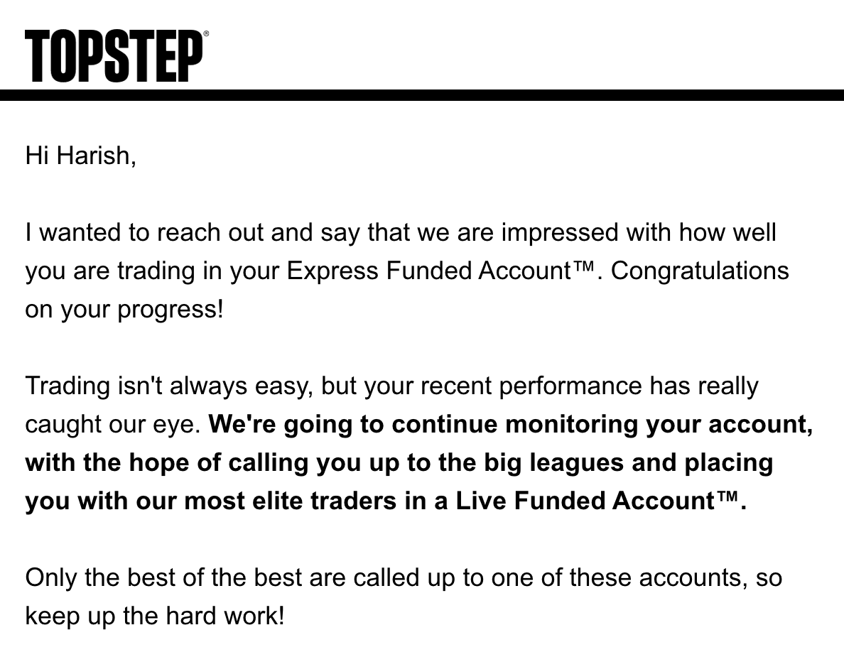 darling_trades's tweet photo. π Just got a βweβre watching you πβ emailβ¦ but in a good way π
Looks like Iβm getting scouted for the big leagues β Live Funded Account next? Letβs gooo ππ #FuturesTrading #PropTrader #ExpressFunded @Topstep
@MichaelPatak @CoachDBA https://t.co/5nhULVSHwO