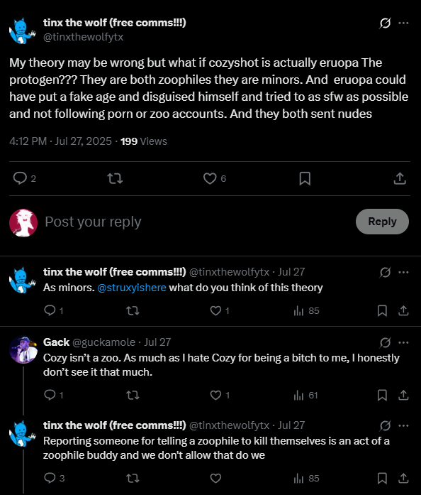 ibeaux_'s tweet image. love how theyre calling cozyshot a zoophile all of sudden cuz he reported strux for telling a zoo to krill ysf
