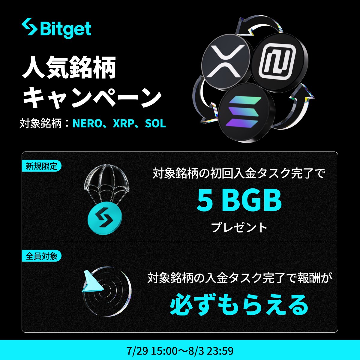 【✨😍人気銘柄キャンペーン😍✨】

人気銘柄を入金して最大5 #BGB をGETしましょう😍🎁

そしてこの投稿を「いいね」&amp;「リポスト」してくださった方に抽選で10 $USDT をプレゼントします✨

🎁リポストキャンペーン応募方法(抽選で5名様）
1️⃣<a href="/BitgetJP/">Bitget ビットゲット【日本語公式】🌏🇯🇵</a>をフォロー