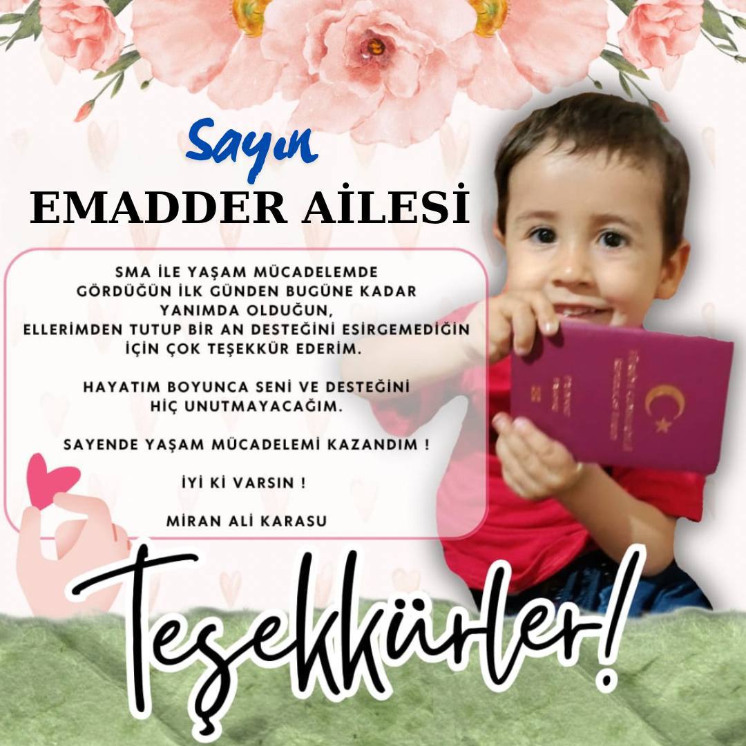 🌸 TEŞEKKÜRLER MİRAN ALİ!

Hayat mücadelesinde en zor sınavlardan birini veren küçük bir yüreğin teşekkür dolu sözleri, hepimizi derinden duygulandırdı…

SMA hastalığına karşı verdiği zorlu mücadelede, umutla, inançla ve dayanışmayla kazanılan bu zafer; birlikte neler