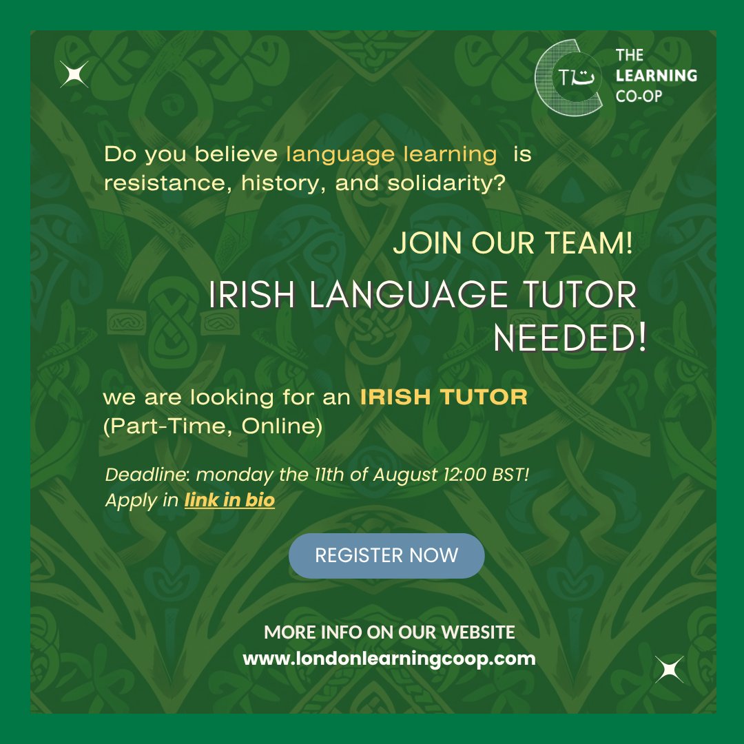 📢 We are hiring! 
🇮🇪 Want to teach Irish online?
TLC seeks a part-time tutor to co-design &amp; deliver beginner Irish lessons—with a focus on colonialism’s impact on minority languages.
🔹 Remote via Zoom
🔹 Groups + 1-to-1
⏰ Apply by 12pm, 11 Aug
docs.google.com/document/d/1UU…