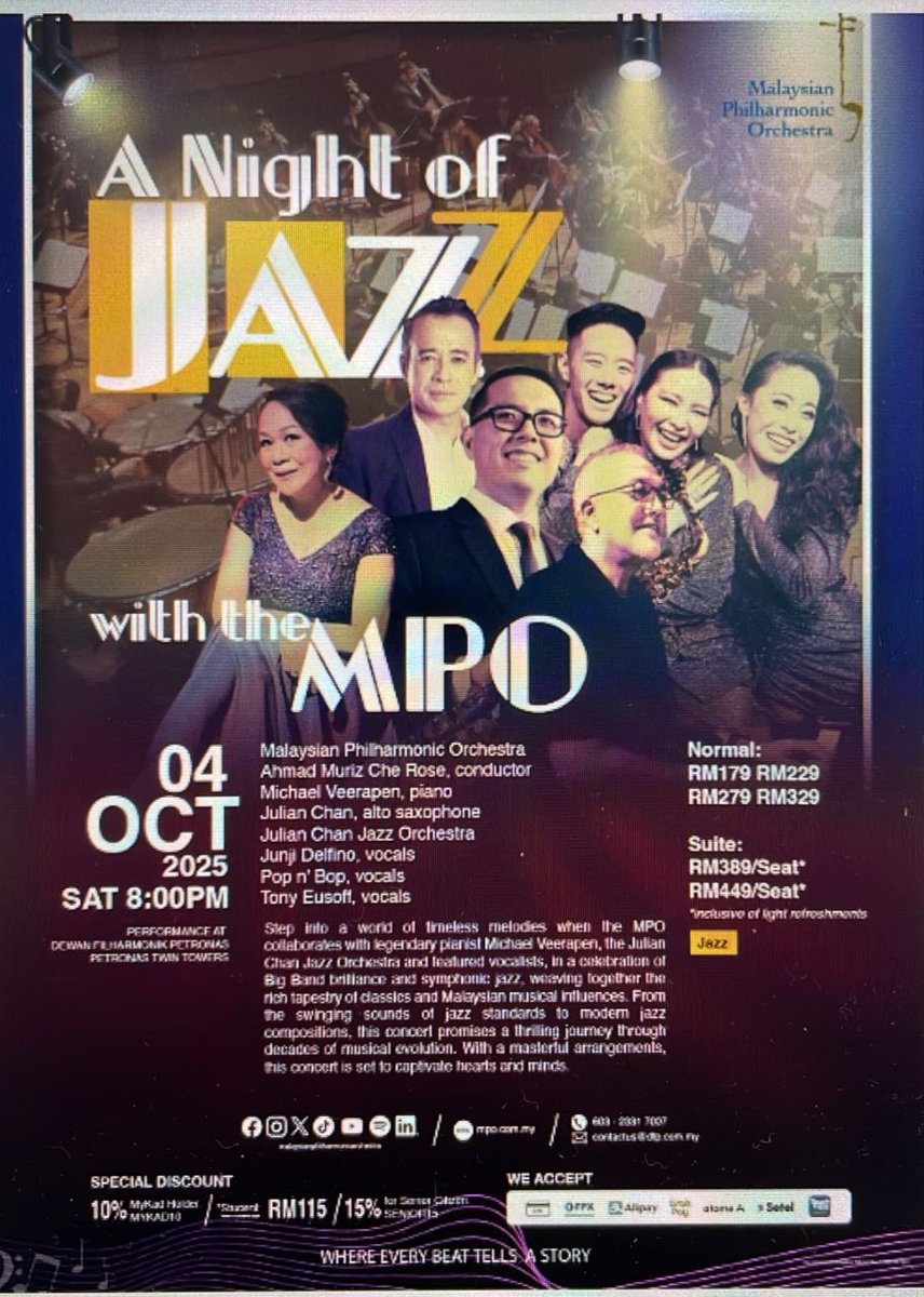 Hi all! I'm happy to share that my big band - The JULIAN CHAN JAZZ ORCHESTRA in collaboration with the M'sian Philharmonic Orchestra - will be performing on the Oct 4th, 2025 (Sat) at 8pm.

Tickets available on the MPO website.