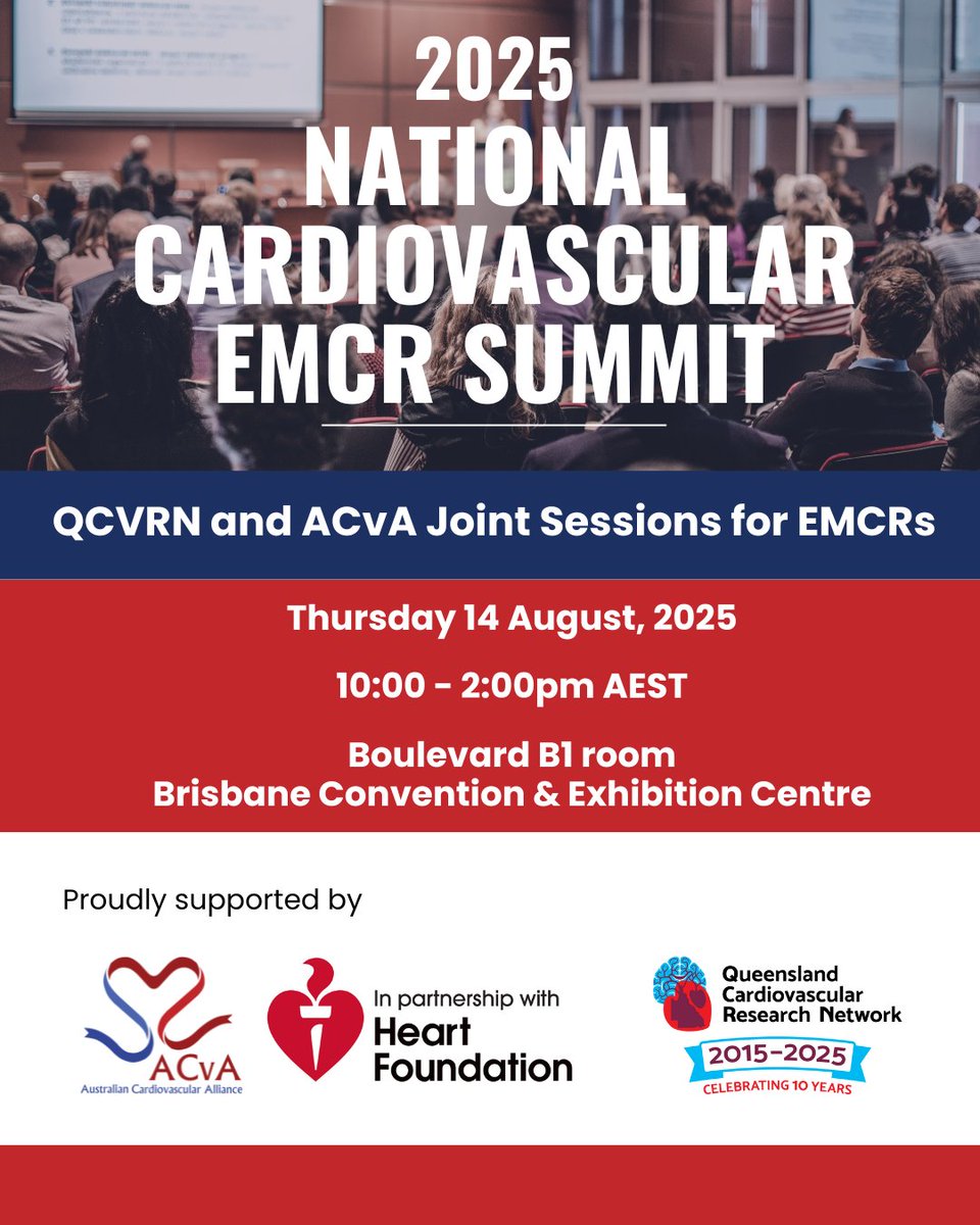 📣 Registrations are open for the 2025 National Cardiovascular EMCR Summit!
🗓 14 Aug | 🕙10AM–2PM AEST
 📍Brisbane Convention &amp; Exhibition Centre
Network, learn &amp; shape the future of CV research in 🇦🇺
Register 👇👇
events.humanitix.com/national-cardi…