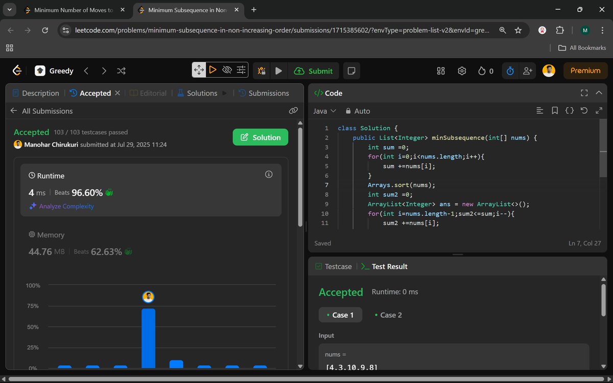Manohar2909's tweet image. 🚀Day 59 of #100DaysOfCode | Sharpening My Problem-Solving Skills, One Day at a Time!
2037. Minimum Number of Moves to Seat Everyone
1403. Minimum Subsequence in Non-Increasing Order
#GreedyAlgorithm #JavaCoding #LeetCode #ProblemSolving #TechWithManohar #DailyDSA #LearnToCode