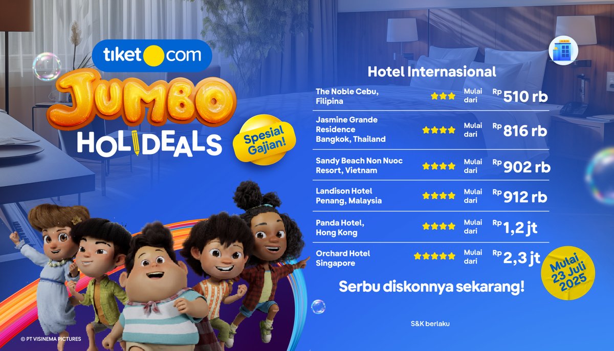 PROMO HOTEL BUAT NGINEP DI DESTINASI IMPIAN!

Waktunya liburan hemat pakai promo tiket.com Jumbo Holideals Spesial Gajian buat stay di luar negeri! Cek destinasi dan bocoran harganya! 🪄🎉

go.tiket.com/JUMBOHolideals…

Serbu diskonnya sekarang!