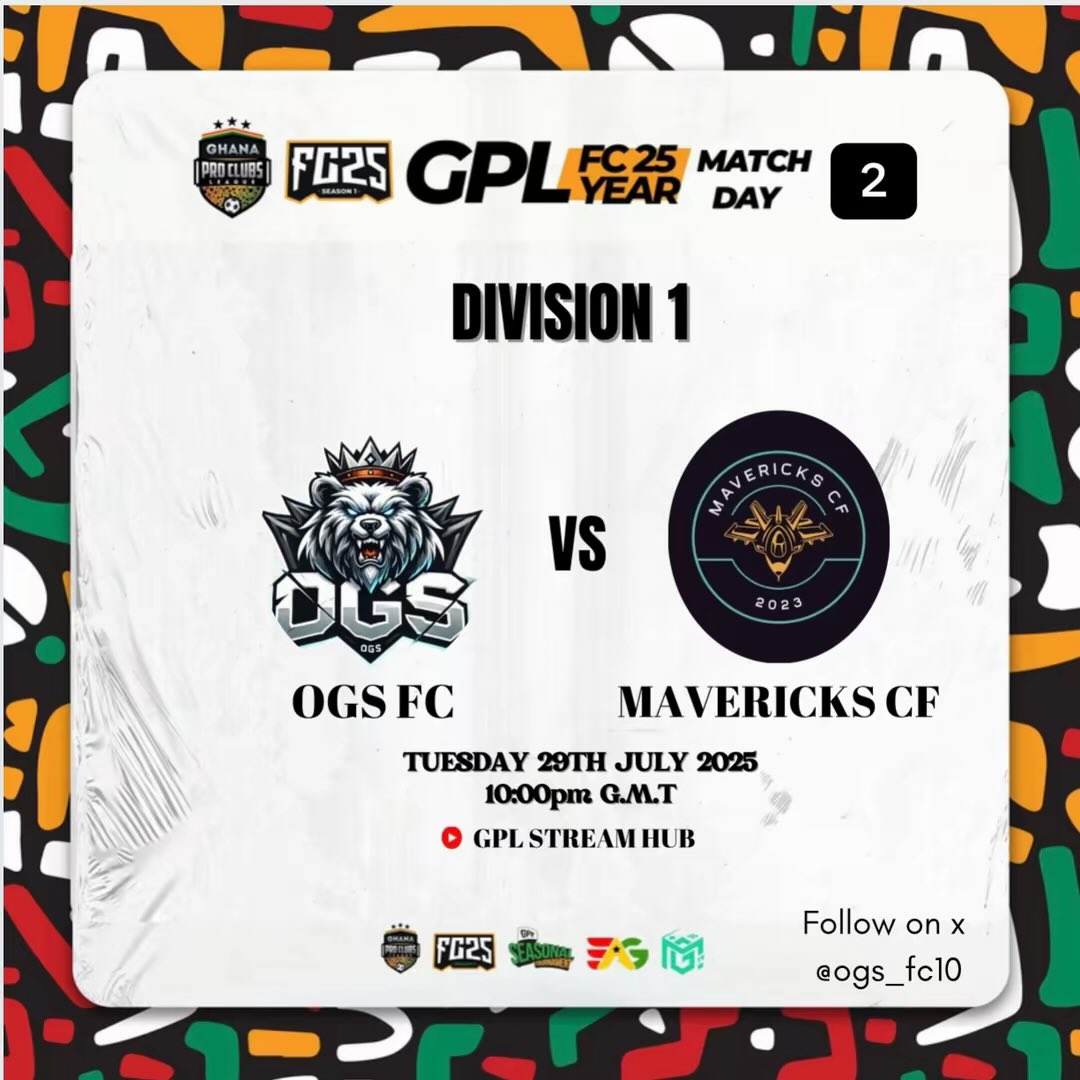 OGs FC (@ogs_fc10) on Twitter photo 𝗜𝗧'𝗦 𝗠𝗔𝗧𝗖𝗛𝗗𝗔𝗬!!! 👀🏆
🏆 GPL Pro Clubs Division (1) League
🏟 Rest In Peace
🆚 <a href="/Mavericks_eCF/">Mavericks CF</a>
⏰ 22:00 KO GMT
📺 Sky Sports 𝗜𝗧'𝗦 𝗠𝗔𝗧𝗖𝗛𝗗𝗔𝗬!!! 👀🏆
🏆 GPL Pro Clubs Division (1) League
🏟 Rest In Peace
🆚 <a href="/Mavericks_eCF/">Mavericks CF</a>
⏰ 22:00 KO GMT
📺 Sky Sports
