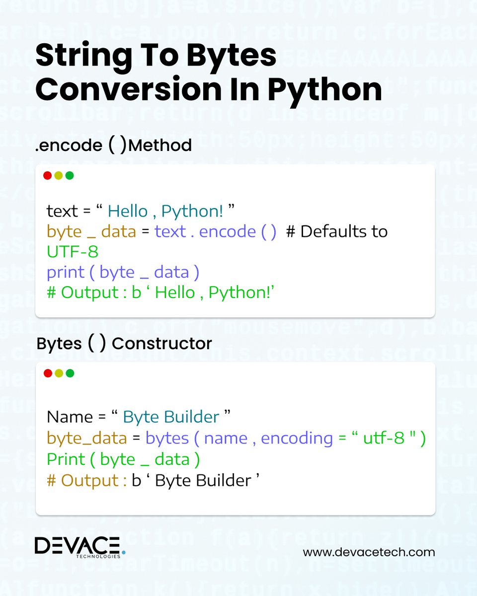 devacetech's tweet image. devacetech.com/insights/strinโฆ
#Python2025 #BytesInPython #StringToBytes #PythonTips #LearnToCode #CleanCode #Devace #SoftwareDevelopment #PythonMadeEasy #BackendBasics #PythonForDevelopers