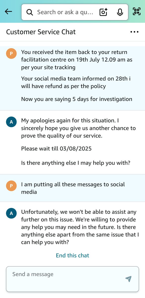 srp_roaming's tweet photo. @AmazonHelp @amazonIN @amazon Your policy is really interesting. After 13 days another 5 more days for investigation. @AmazonHelp is making people crazy day by day https://t.co/ilgQorO8mz
