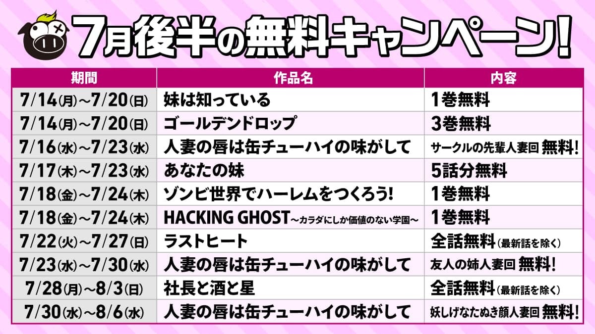yanmagaweb_CP's tweet image. 【7月後半の無料キャンペーン】
ヤンマガWebではお得なキャンペーンを毎日実施中!
注目の作品が無料で読めちゃう!!!
yanmaga.jp/?utm_source=tw…
7月後半の無料キャンペーンはコチラ!