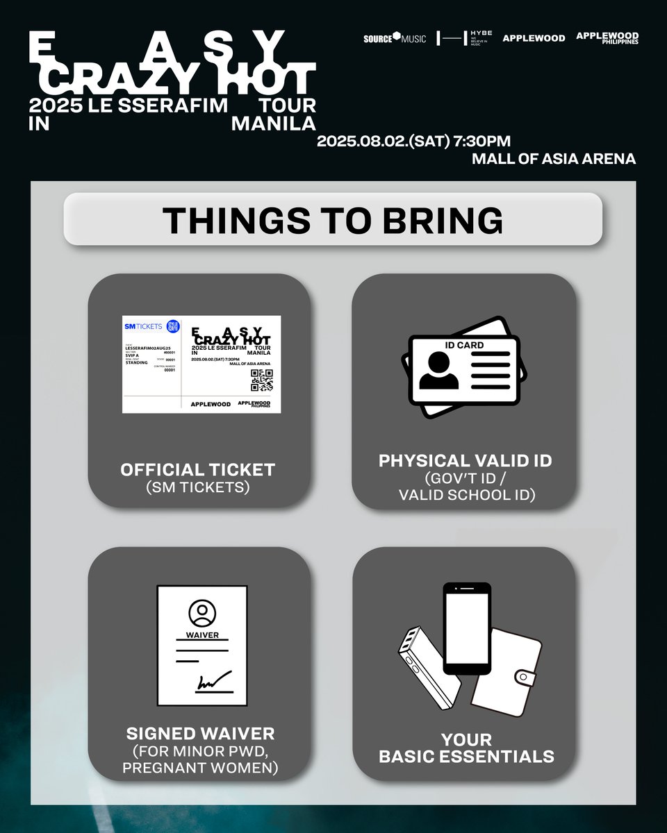 applewood_ph's tweet photo. FEARNOT ✨
Are you ready for the show?
Please check the rules and regulations to make the most out of your experience!

𝟐𝟎𝟐𝟓 𝐋𝐄 𝐒𝐒𝐄𝐑𝐀𝐅𝐈𝐌 𝐓𝐎𝐔𝐑 '𝐄𝐀𝐒𝐘 𝐂𝐑𝐀𝐙𝐘 𝐇𝐎𝐓' 𝐈𝐍 𝐌𝐀𝐍𝐈𝐋𝐀

📆 2025.08.02 (SAT) 7:30PM (Local Time)
📍 MALL OF ASIA ARENA

#LE_SSERAFIM #르세라핌
#EASY_CRAZY_HOT
#EASY_CRAZY_HOT_IN_MANILA
#APPLEWOOD #APPLEWOODPH