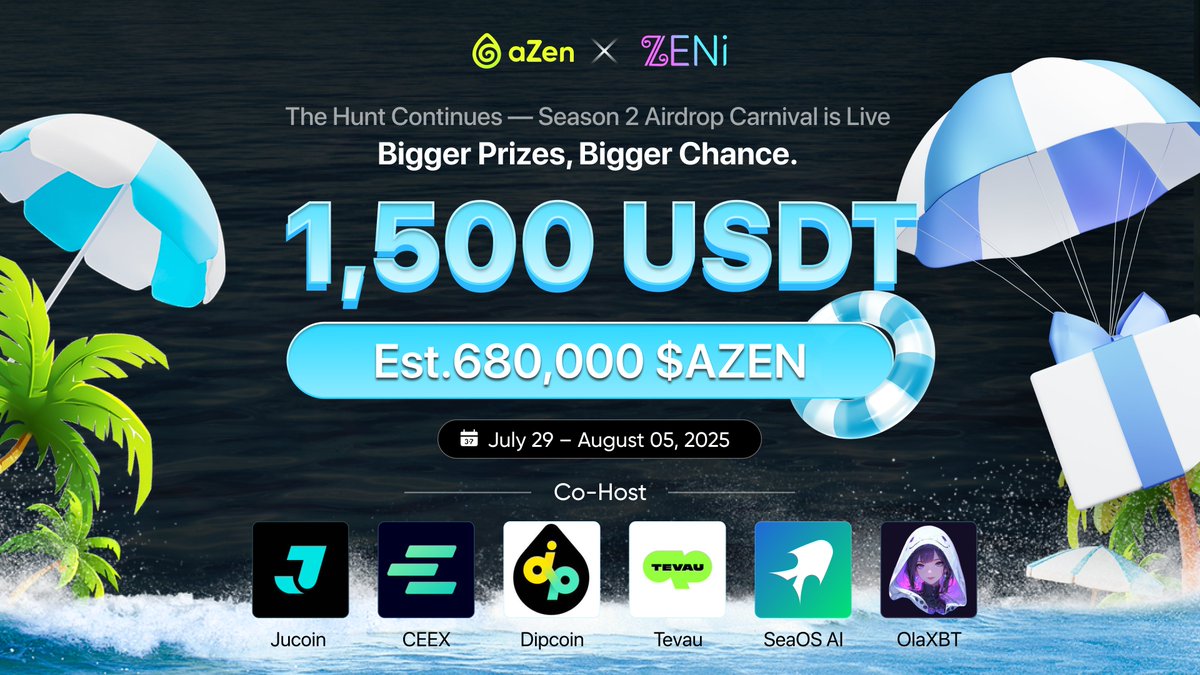 🚀 Join the <a href="/azen_protocol/">aZen</a> X <a href="/ZENi_io/">ZENi</a> Season 2 Airdrop Carnival and win big!

🎁 Prize Pool: 1,500 $USDT est. 680,000 $AZEN
📅 Duration: July 29 – August 05, 2025
🎉 Hundreds of winners will earn $AZEN!

📲 To claim your rewards, drop your aZen Hub App ID &amp; Telegram handle in the