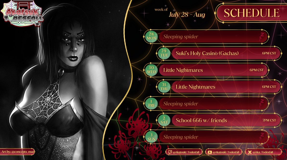 🥀SCHEDULE🥀
7/28-8/3 (CT)
~~~
TUE🌹6PM | Suki's Holy Casino (gachas)
WED🌹6PM | Little Nightmares
THU🌹6PM | Little Nightmares
SAT🌹7PM | School 666 w/ friends
~~~
Sorry for the lateness. My energy is spent this week. See you soon. &lt;3
#vtuber #VtuberEN #twitchstream