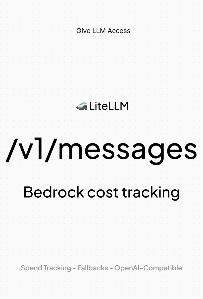 Krrish (@krrish_dh) on Twitter photo 5️⃣ new things <a href="/LiteLLM/">LiteLLM (YC W23)</a>
👋 Bedrock - fix cost tracking via `/v1/messages`
🚀 Azure - api_version="preview" support
🛠️ UI - parse json options for /key/generate
⚡️ Langfuse - add custom metadata param support via OTEL s/o
<a href="/strickvl/">Alex Strick van Linschoten</a>
📖 Docs - explaining how to find user spending 5️⃣ new things <a href="/LiteLLM/">LiteLLM (YC W23)</a>
👋 Bedrock - fix cost tracking via `/v1/messages`
🚀 Azure - api_version="preview" support
🛠️ UI - parse json options for /key/generate
⚡️ Langfuse - add custom metadata param support via OTEL s/o
<a href="/strickvl/">Alex Strick van Linschoten</a>
📖 Docs - explaining how to find user spending