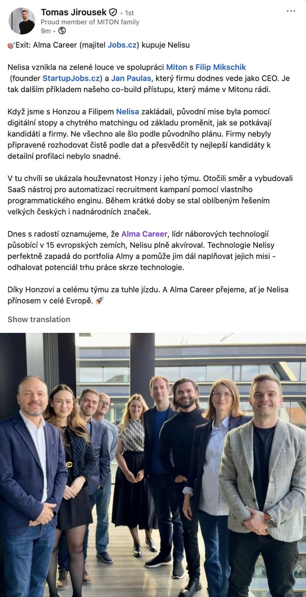Exit: Alma Career (majitel Jobs.cz) kupuje Nelisu, co-build projekt Mitonu, Filipa Mikschika (founder StartupJobs) a Jana Paulase (CEO)
🔗hrot24.cz/clanek/alma-ca…
