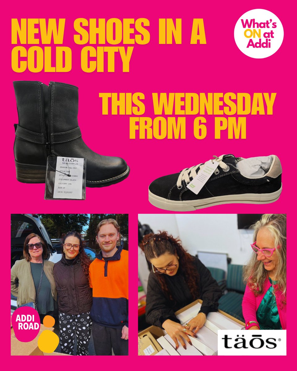 👠Thanks to big donation from Taos Footwear Assistants we are able to supply FREE shoes at our Wednesday Night Lights community event. 

🗓️ Wednesday 30 July
⏰ From 6 PM 

#Addiroad #freeshoes #Marrickville #Camperdown