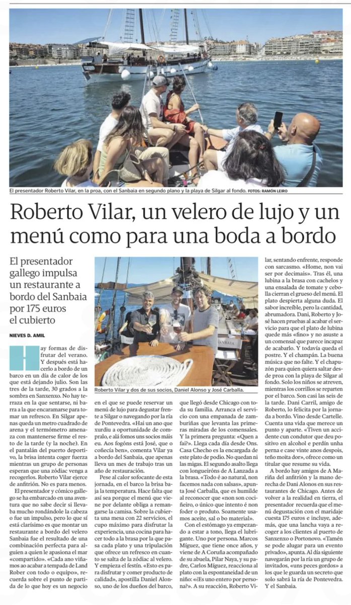 🦋 Oscar Sánchez Feijóo (@oscarsanchez) on Twitter photo 🗣<a href="/RobertoVilarTV/">Roberto Vilar</a> 🍽⛵”Cos anos máis cousas tolas debemos facer”
👉
<a href="/RobertoVilarTV/">Roberto Vilar</a> preséntanos a nova demostración de que a súa cabeza non para: o San Baia, un veleiro de 120 anos reconvertido en restaurante con servizo na praia de Silgar. Sanxenxo 🗣<a href="/RobertoVilarTV/">Roberto Vilar</a> 🍽⛵”Cos anos máis cousas tolas debemos facer”
👉
<a href="/RobertoVilarTV/">Roberto Vilar</a> preséntanos a nova demostración de que a súa cabeza non para: o San Baia, un veleiro de 120 anos reconvertido en restaurante con servizo na praia de Silgar. Sanxenxo