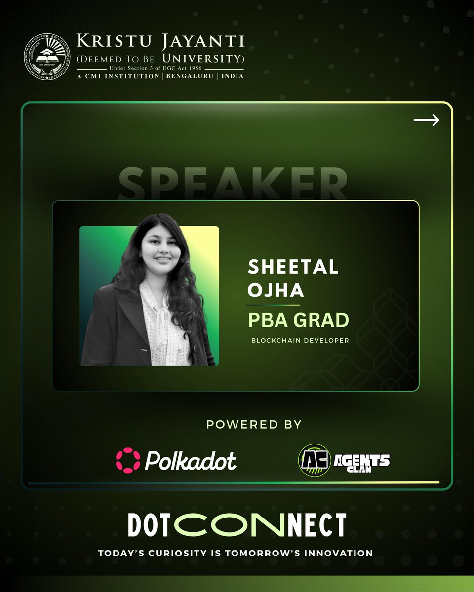 We are honored to welcome <a href="/sheetalojha4/">Sheetal Ojha</a> as a distinguished Speaker at Dot Connect. A <a href="/AcademyPolkadot/">Polkadot Blockchain Academy</a> graduate, proficient Rust &amp; Python developer, and Data Scientist at Fractal Analytics, Sheetal is a passionate blockchain and machine learning enthusiast. Her expertise at the