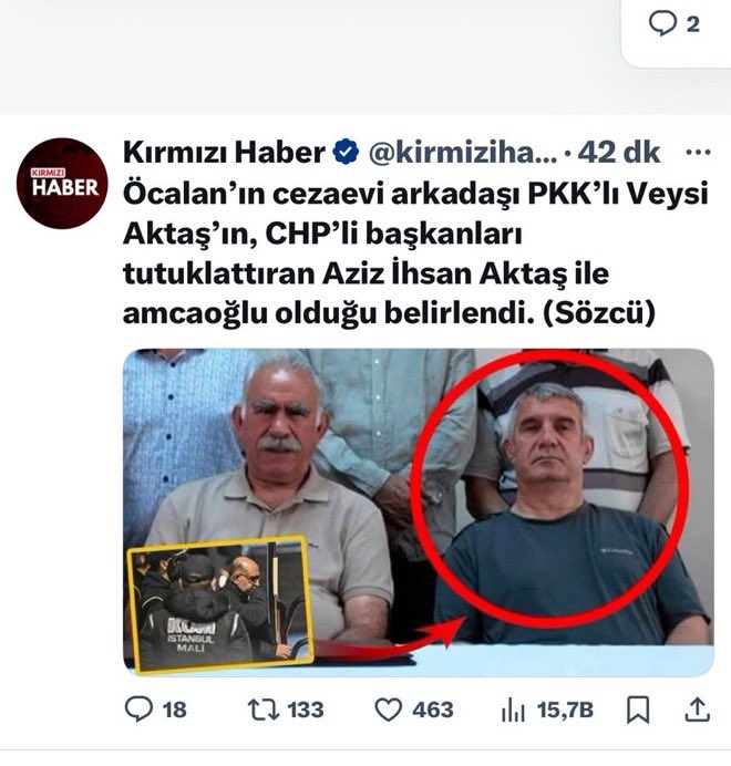 CHP’li başkanlara kumpas kuran Aziz İhsan Aktaş, Öcalan’ın cezaevi arkadaşıyla amcaoğlu çıktı.
Yani “hainliğin soyadı da ortak, sicili de.”