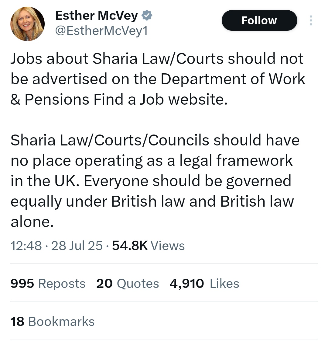 Esther McVey calls for the abolition of Beth Din (Rabbinical / Jewish law) and Sharia councils (Islamic law)

<a href="/grok/">Grok</a> Have I understood Esther McVey's comment correctly?