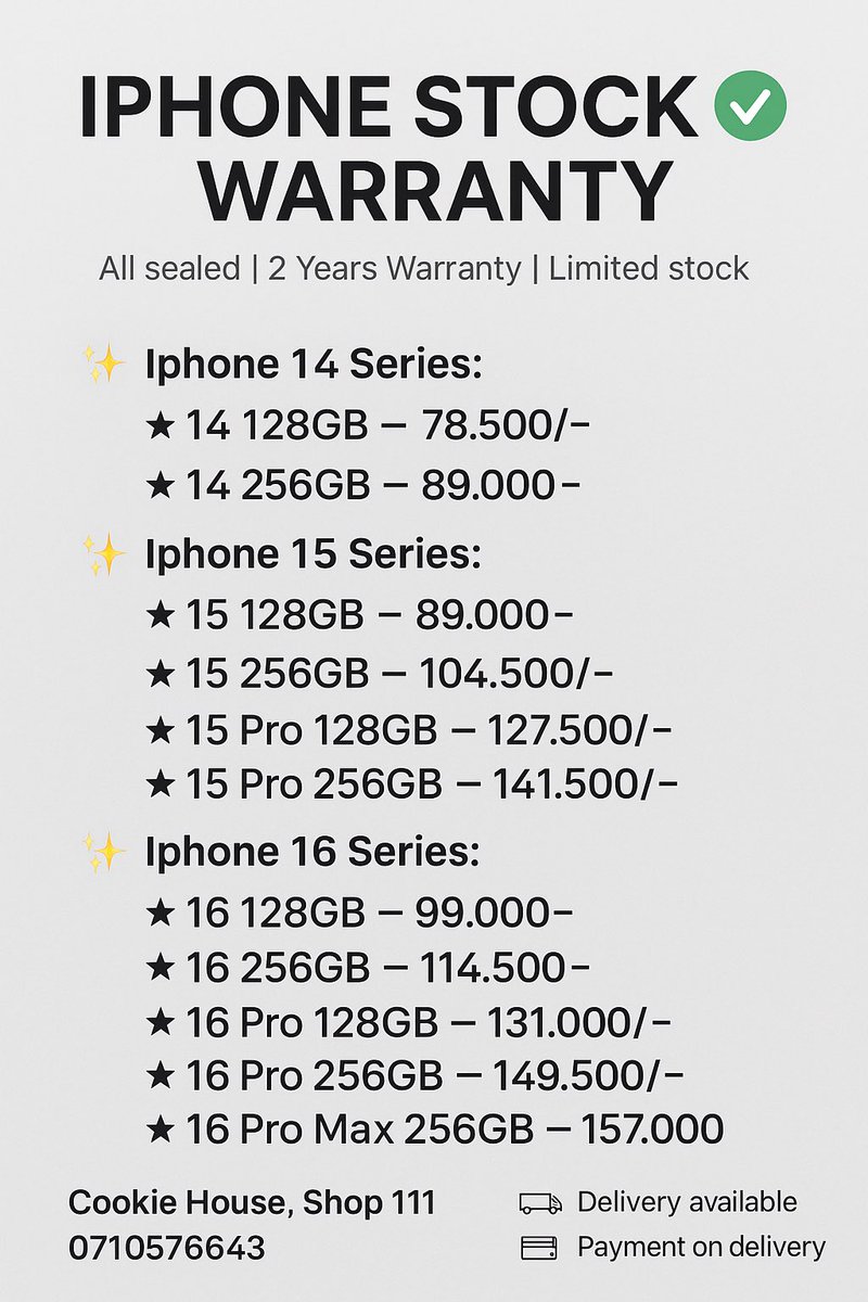 Primeandeka's tweet image. π Check Out Our iPhone Catalogue
β
Unbeatable Deals on iPhone 14, 15 & 16 Series
β
Warranty Included
β
Sealed & Open Box Options
β
Battery Health π―
π° Save with Us Today β Quality, Affordability, and Trust!
π Cookie House, Shop 111
π 0710576643
