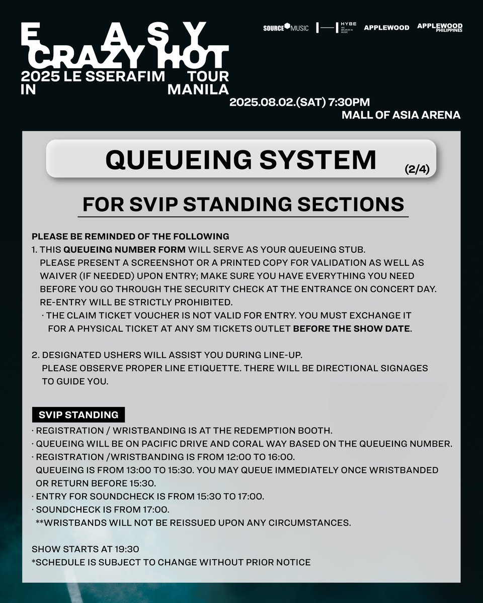 applewood_ph's tweet photo. FEARNOT ❤️
We’re just moments away from finally meeting LE SSERAFIM!
Please carefully check out the queueing details to ensure a safe, hot and fun time 🔥

𝟐𝟎𝟐𝟓 𝐋𝐄 𝐒𝐒𝐄𝐑𝐀𝐅𝐈𝐌 𝐓𝐎𝐔𝐑 '𝐄𝐀𝐒𝐘 𝐂𝐑𝐀𝐙𝐘 𝐇𝐎𝐓' 𝐈𝐍 𝐌𝐀𝐍𝐈𝐋𝐀
📆 2025.08.02 (SAT) 7:30PM (Local Time)
📍 MALL OF ASIA ARENA

[Queueing System]
Link for Queueing available starting 2025/07/30 (WED) 15:00 PHT ~
🔗 https://t.co/p2Qsfa7Dqa

[Waiver link]
📌 For Minors
🔗https://t.co/U4ZEpyYbfQ

📌 For PWDs, Senior Citizens and Pregnant Women
🔗https://t.co/D5Gt4pnnXf

*Please remember to print the Waiver and present upon entry.

#LE_SSERAFIM #르세라핌
#EASY_CRAZY_HOT
#EASY_CRAZY_HOT_IN_MANILA
#APPLEWOOD #APPLEWOODPH
