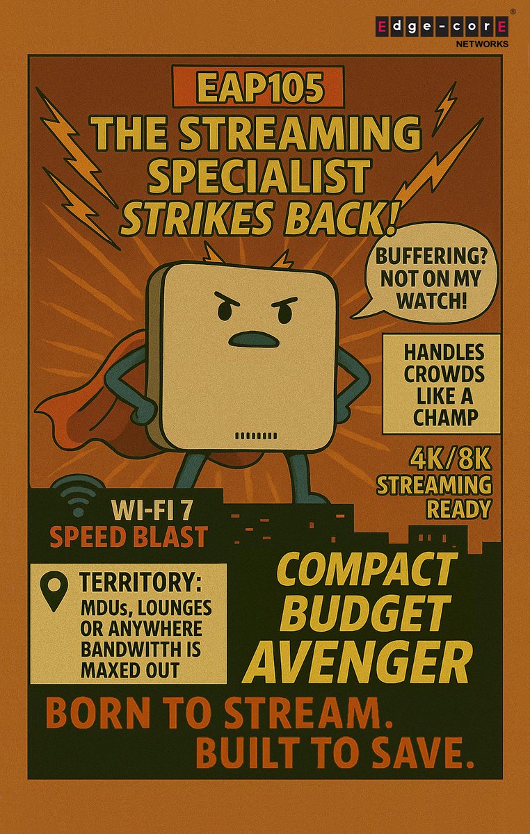 EdgecoreWiFi's tweet image. When streams stutter, this Specialist storms in.
EAP105 —Wi-Fi 7 speed with zero patience for buffering.
🎬 4K/8K streaming
📏 Compact form, full-on performance
🏢 Anywhere bandwidth gets chewed alive
💸 Budget-smart, speed-obsessed

 #WiFi7 #Edgecore #OpenWiFi #ecCLOUD