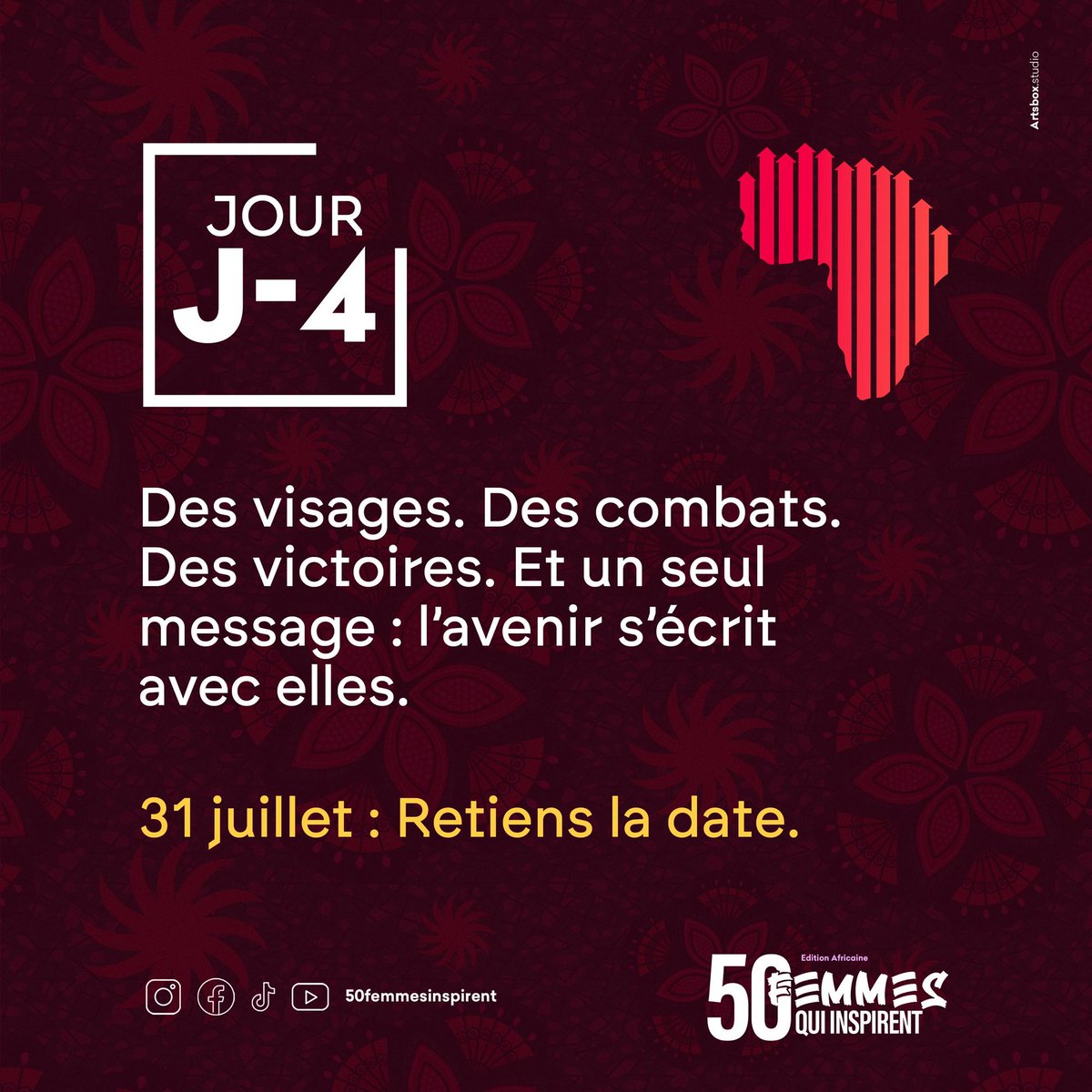 50 FEMMES QUI INSPIRENT (@50femmes) on Twitter photo J-4 !
Dans 4 jours, on célèbre l’excellence féminine.
Sois prêt(e), l’inspiration n’attend pas. <a href="/ElieMbeki/">Elie MBEKI</a> <a href="/Pourelleinfo1/">POURELLE.INFO</a> <a href="/FirstBankDRC/">FirstBank DRC</a> <a href="/MaloMobutu/">Malo Mobutu</a> J-4 !
Dans 4 jours, on célèbre l’excellence féminine.
Sois prêt(e), l’inspiration n’attend pas. <a href="/ElieMbeki/">Elie MBEKI</a> <a href="/Pourelleinfo1/">POURELLE.INFO</a> <a href="/FirstBankDRC/">FirstBank DRC</a> <a href="/MaloMobutu/">Malo Mobutu</a>